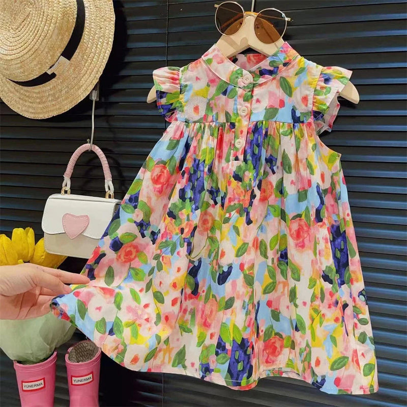 Girls' Dress 2023 Summer New Girls' round Neck Flower Print Flying Sleeve Dress Fashion Children'S Print Dress