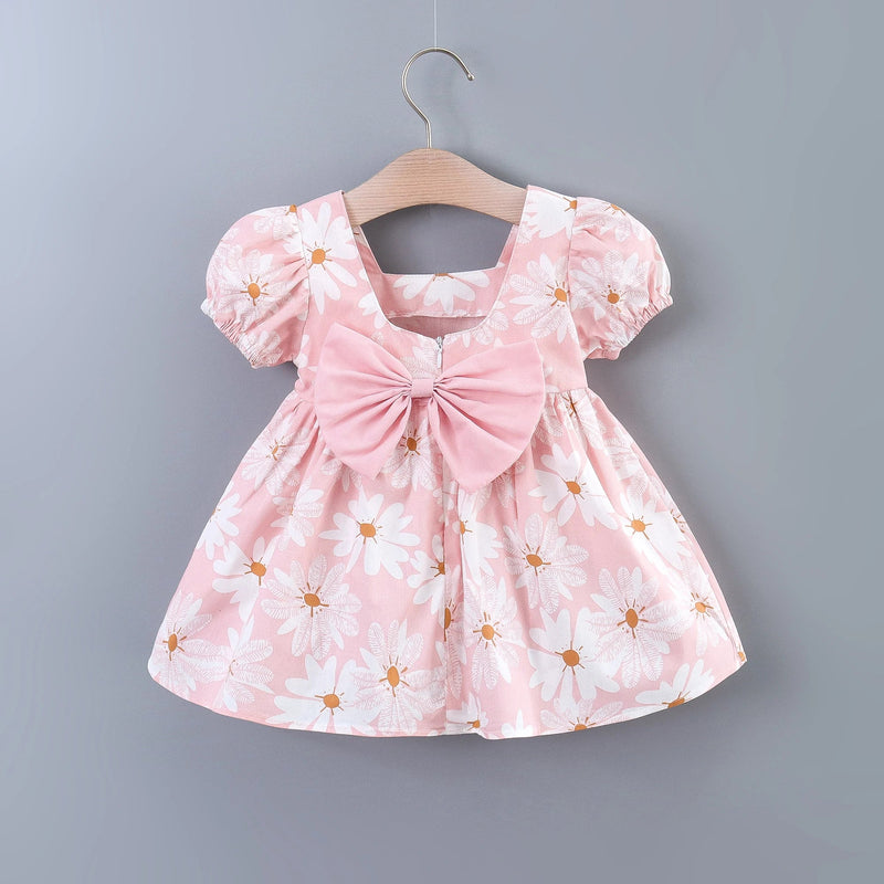 Baby Girls Casual Floral Graphic Print Puff Sleeve Bowknot Back Dress Clothes for Summer