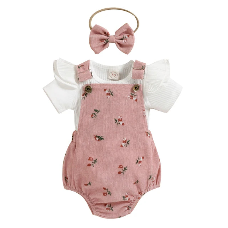 Infant Baby Girl Summer Clothes, Solid Color Fly Sleeve round Neck Tops + Flower Pattern Suspender Jumpsuit + Bow Headband