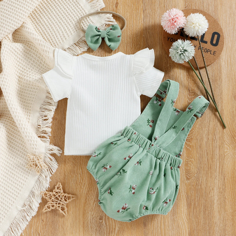 Infant Baby Girl Summer Clothes, Solid Color Fly Sleeve round Neck Tops + Flower Pattern Suspender Jumpsuit + Bow Headband