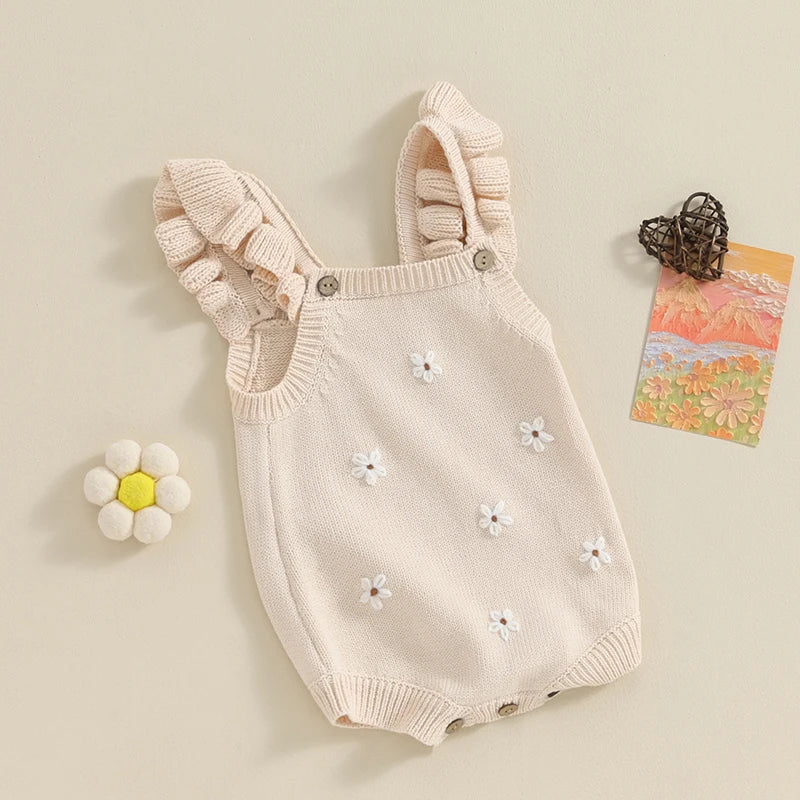 Infant Baby Girl Sleeveless Knit Romper Embroidery Floral Strappy Sweater Romper Bodysuit Pullover