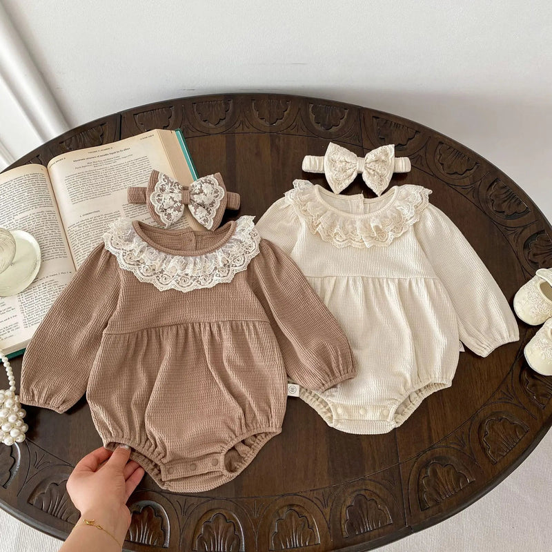 2PCS  Spring Baby Clothes Lace Collar Infant Bodysuit One Piece Toddler Cute Princess Outfit Clothing for Newborns