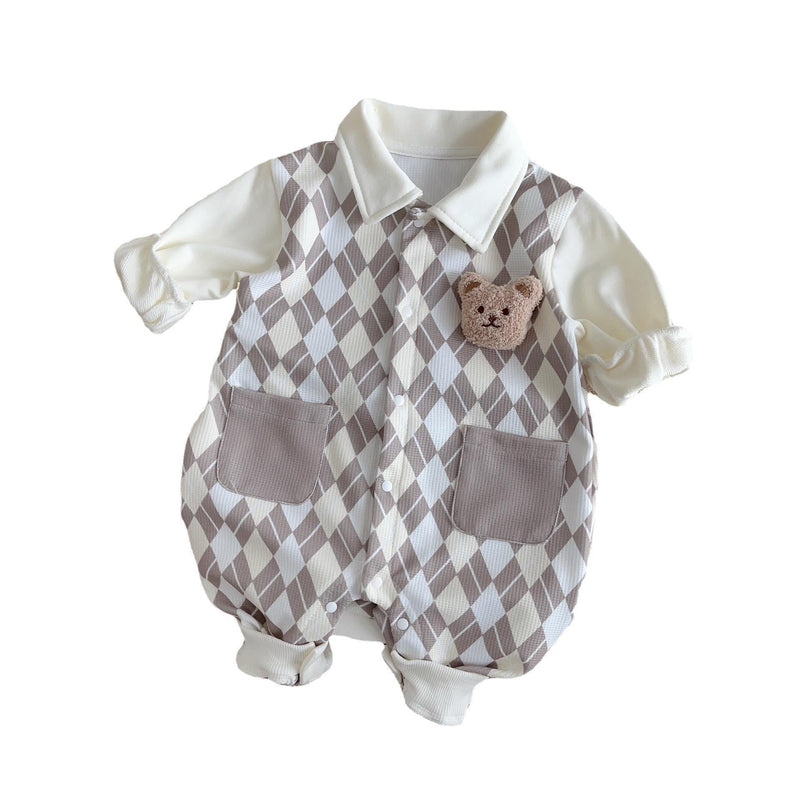 2023 Autumn New in Infant Baby Boys Full Sleeve Plaid Bear Single-Breasted Outwear Newborn Kids Jumpsuits Toddler Romper 0-24M