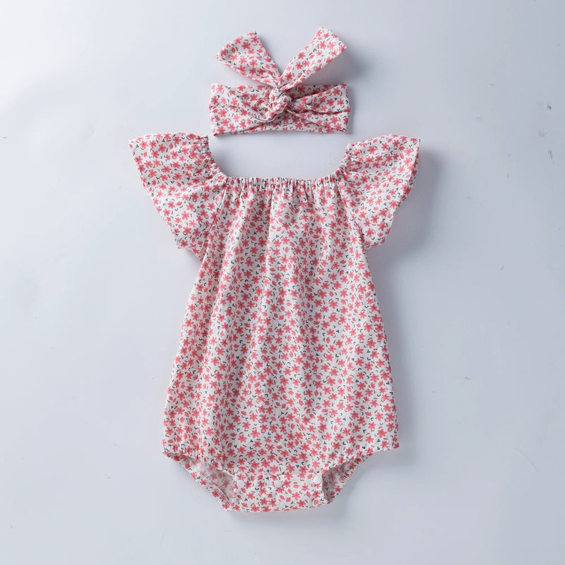 Newborn Baby Girls Sleeve Floral Romper 0-12M Short Sleeve Romper + Headband 2Pcs for Girls