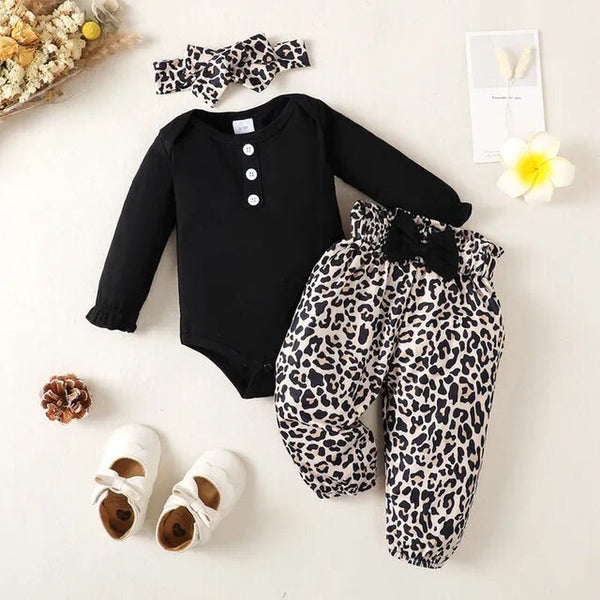 0-2-Year-Old Newborn Baby Girl Black Long-Sleeved Shirt with Leopard Print Trousers Fashion Suit