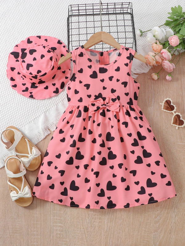 EVRYDAY Toddler Girls' Love Heart Print Sleeveless Dress with Bowknot Decoration & Matching Hat for Party, Summer