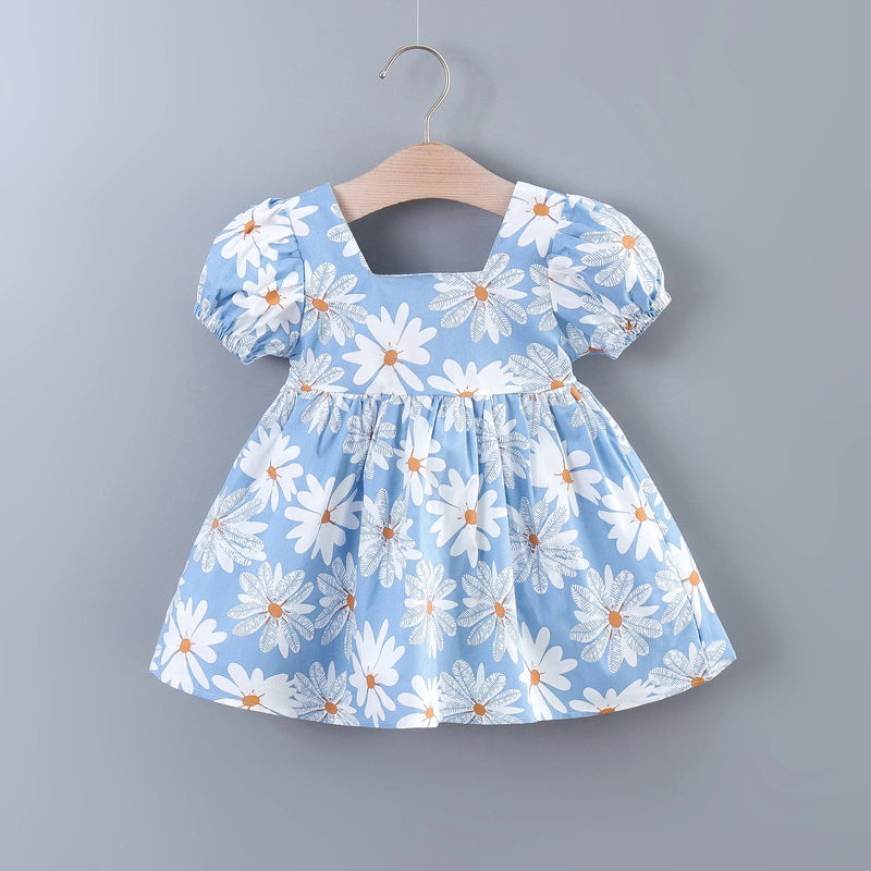 Baby Girls Casual Floral Graphic Print Puff Sleeve Bowknot Back Dress Clothes for Summer