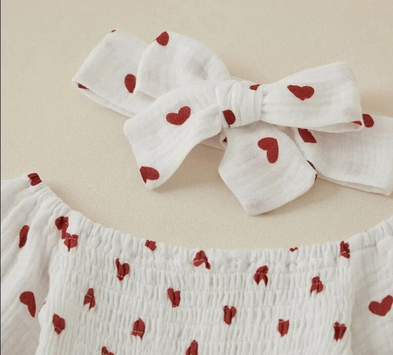 Infant Baby Girls Valentine'S Day Romper Heart Print Long Sleeve Boat Neck Jumpsuits Spring Fall Bodysuits with Headband