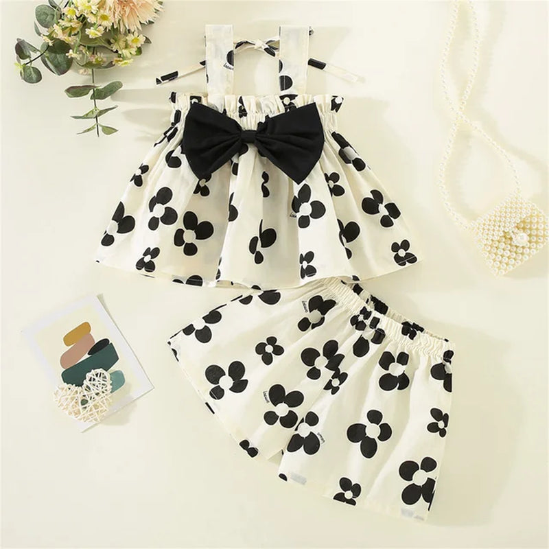 Summer Preschool Girls 0-3 Years Old Sweet Printed Bow Decorative Strap Top and Shorts 2 Pieces/Set