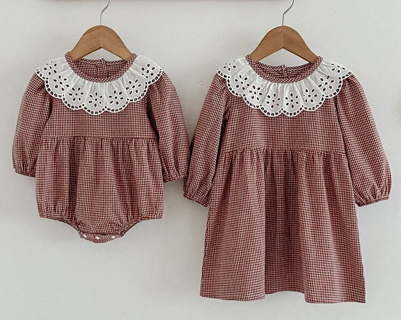 Infant Kids Baby Girls Long Sleeve Lace Collar Grid Sisters Dress Autumn Newborn Kids Baby Girls Princess Clothes Rompers