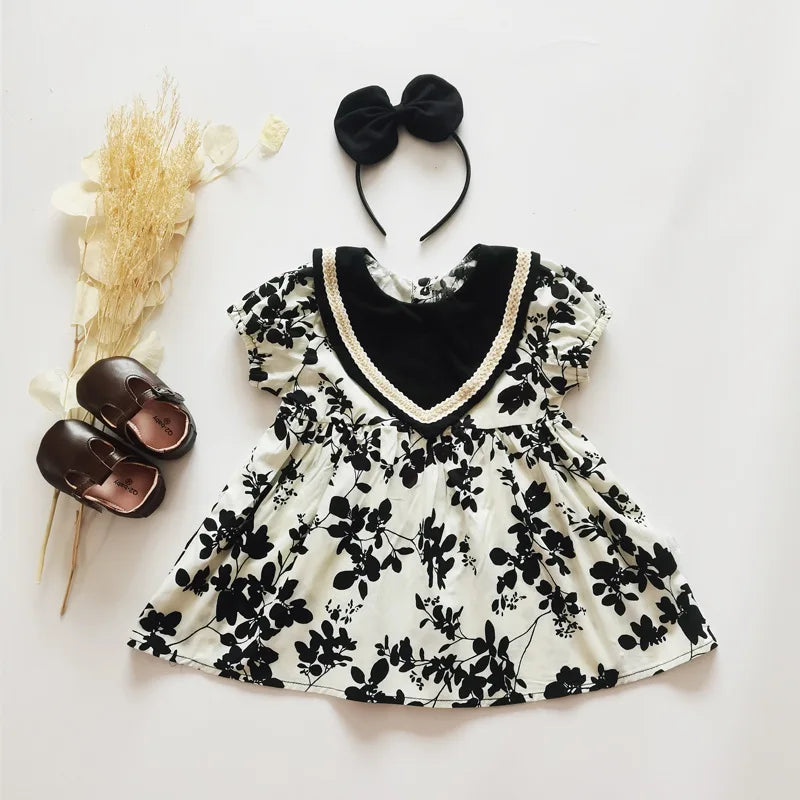 New Summer Family Matching Outfits Short Puff Sleeves Bodysuit+Print round Collar Princess Dress Twins Girl Thin Clothes H2022