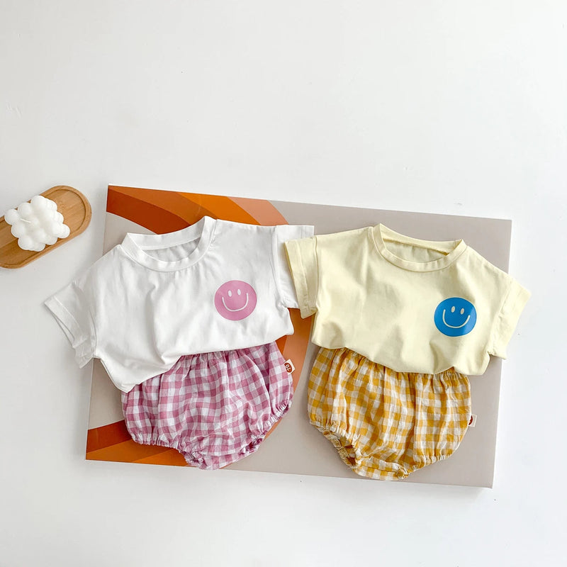 Girls Boys Cotton Smile Face Short Sleeve T-Shirt + Plaid Shorts Two-Pieces Suit Summer Baby Clothes Set