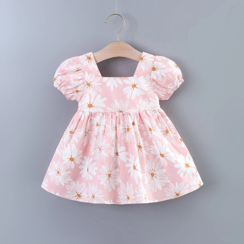 Baby Girls Casual Floral Graphic Print Puff Sleeve Bowknot Back Dress Clothes for Summer