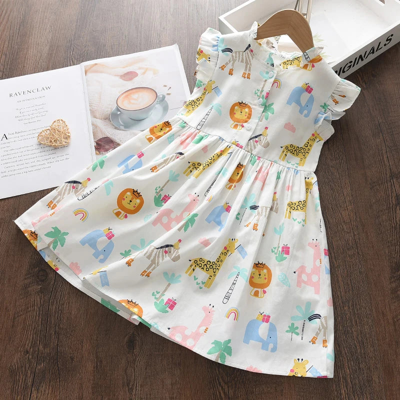 Cartoon Print Baby Girls Princess Dress New Fashion Summer Floral Toddler Kid Party Clothes Children Vestido