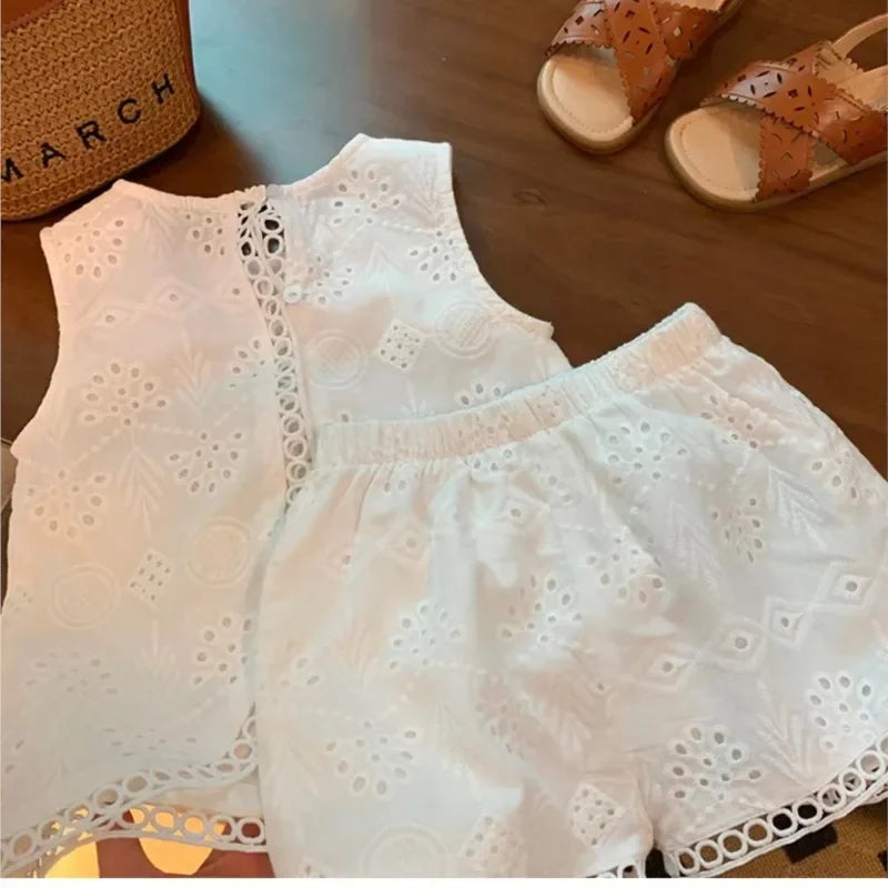 2023 Summer Children Baby Girl 2PC Clothes Set Cotton Hollow Lace Sleeveless Vest Elastic Waist Shorts Suit Toddler Girls Outfit