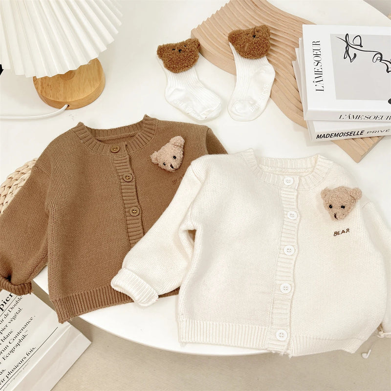 Newborn Baby Girls/Boys Spring and Autumn Knitted Coat Cute Korean O-Neck Travel Cartoon Bear Long Sleeved Fashion Soft Casual