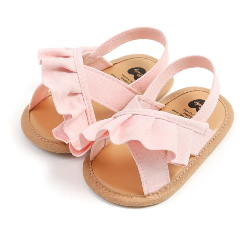 2023 0-18Months Baby Girl Summer Sandals Cute Ruffle Solid Color Flats Non-Slip Soft Sole Infant First Walkers