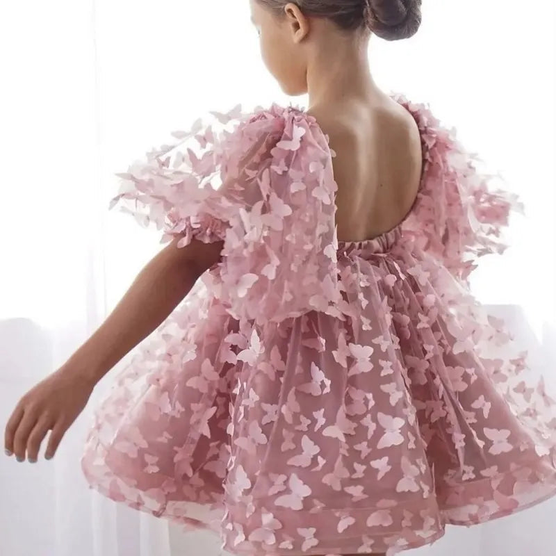 Fashion Baby Girl Princess Butterfly Tutu Dress Puff Sleeve Child Tulle Vestido Pageant Party Birthday Baby Clothes 1-12Y