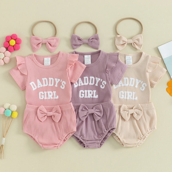 Baby Clothing Girls Summer Outfits Letter Print Ribbed Short Sleeve Romper and Shorts Cute Headband 3 Piece Clothes Newborn Set