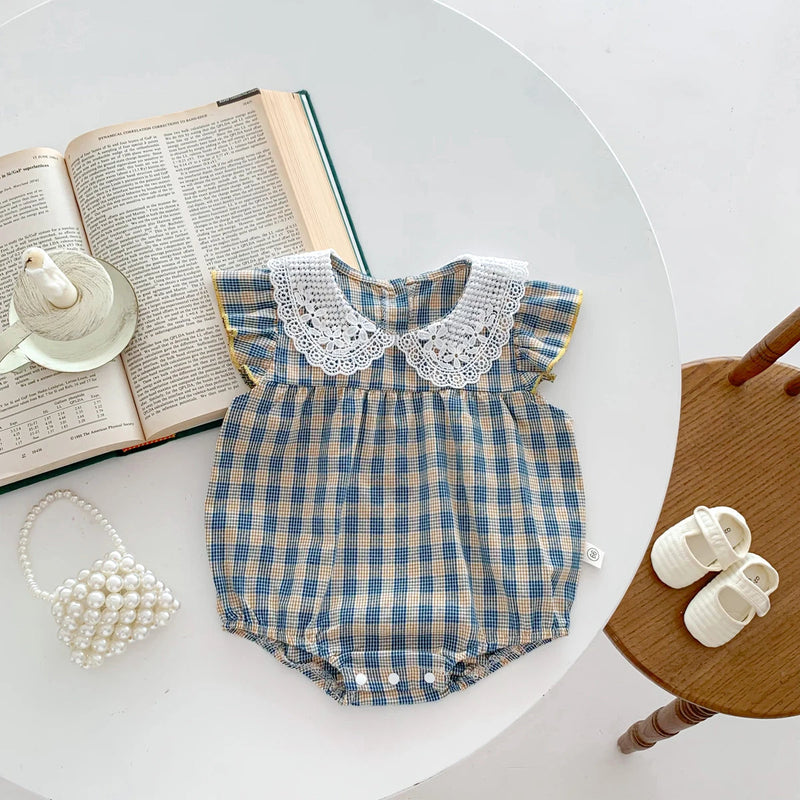 Summer Baby Girls Jumpsuit Lacy Blue Plaid Short Sleeve Infant Bodysuit Baby Clothes 0-24 Months Casual and Versatile Style