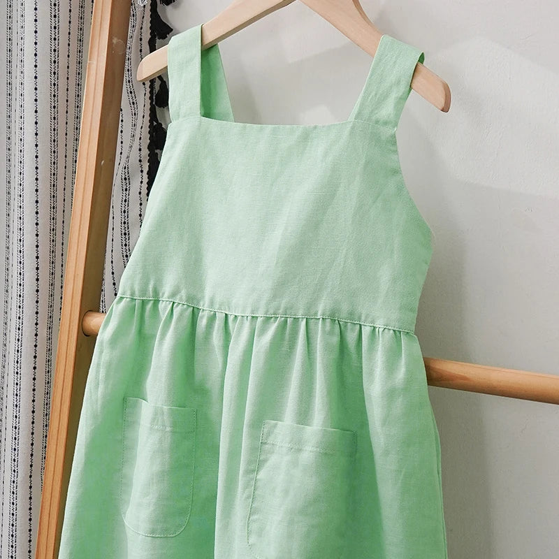 Girls' Cotton and Linen Sleeveless Suspender Dress with Adjustable Shoulder Straps Summer New Casual Pocket Kids Dresses TZ77