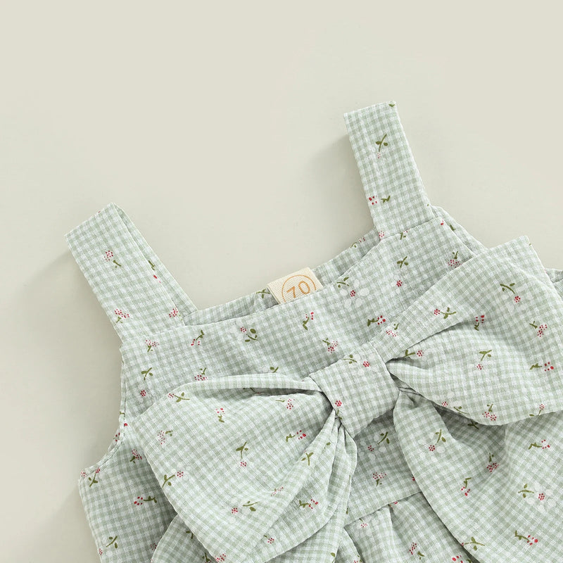 Infant Baby Girl 2 Pcs Outfits Suit Plaid Pattern Floral Printed Bowknot Suspender Tops Shorts Set for Summer