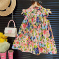 Girls' Dress 2023 Summer New Girls' round Neck Flower Print Flying Sleeve Dress Fashion Children'S Print Dress