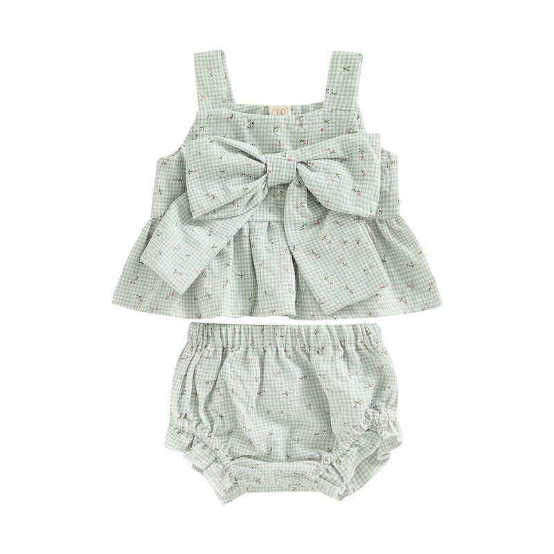 Infant Baby Girl 2 Pcs Outfits Suit Plaid Pattern Floral Printed Bowknot Suspender Tops Shorts Set for Summer