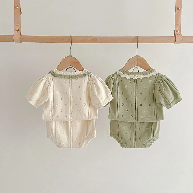 Summer Baby Clothing Set Hollow Out Knit Tee and Shorts 2 Pcs Girls Suit