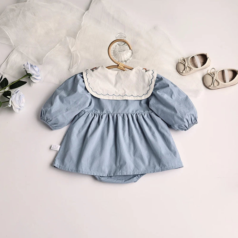 Spring Solid Pleated Baby Bodysuit Toddler Girls Princess Clothes Emboridery Big Collar Infant Clothing