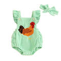 0-12M Lovely Baby Girls Boys Rompers Fuzzy Chicken Embroidery Ruffles Fly Sleeve Backess Jumpsuits with Headband