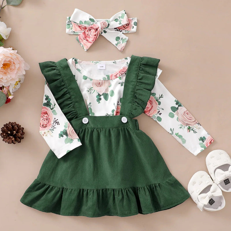 0-12 Months Newborn Baby Girl Clothes Set Flowers Print Long Sleeve Romper Top Suspender Skirt Spring&Autumn Lovely Outfit