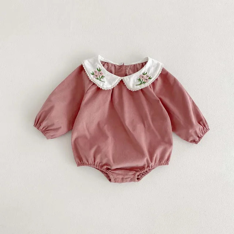 Autumn Infant Bodysuit Newborn Girls Romper Floral Embroidery Lapel Solid Color Long Sleeved Jumpsuit Baby Clothes 0-2 Years Old