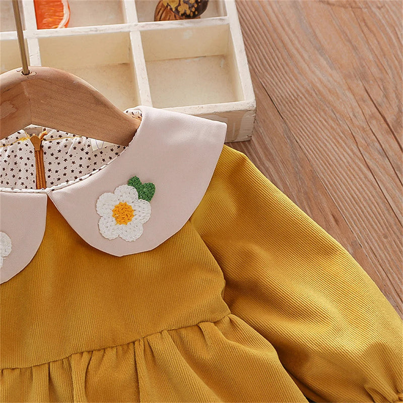 Spring and Autumn Baby Girl'S Daily Dress with Hu Duo Embroidered Doll Collar Color Block Long Sleeves Sweet and Simple Korean