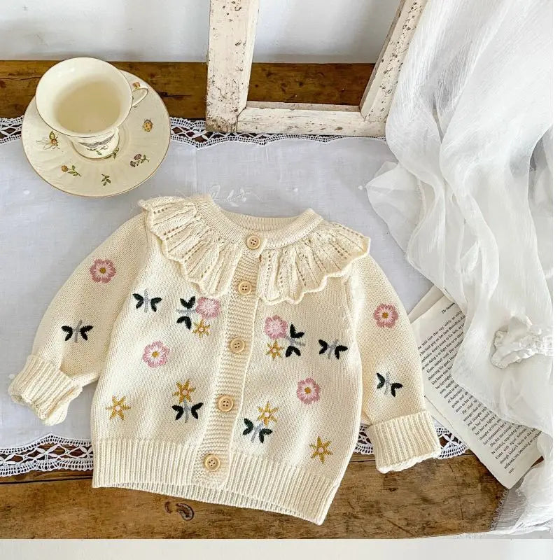 Children'S Cute Knitted Sweater Baby Girl'S Spring Autumn Flower Embroidery Lace Collar Single Breasted O-Neck Cardigan