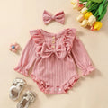 Baby Girls Cute Romper Set with Long Sleeveless Ruffled Tops & Suspender Dress & Bow Headband 2Pcs