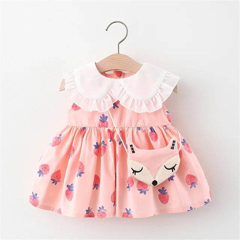 Summer Baby Cute Dress 2 Piece Set Girls' Printed Sleeveless Skirt+Cartoon Bag Toddler Comfortable Cotton Loose Fitting Clothes