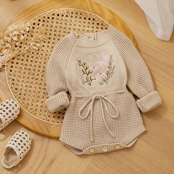 Embroidery Floral Baby Girls Sweater Romper Newborn Long Sleeve Knit Clothes Drawstring Princess Knitwear Winter Fall Jumpsuit