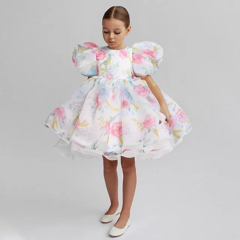 Cute Girl Princess Dress Little Girl Puff Sleeve Gala Tutu Gown Kids Birthday Bow Outfits Flower Girl Wedding Party Clothes 3-8T