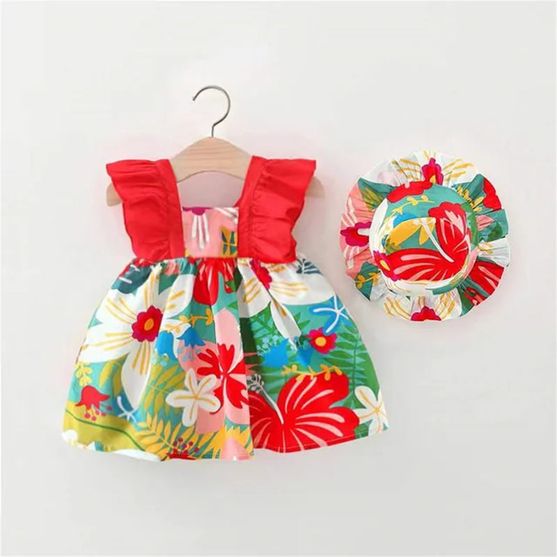 Summer Baby Girl'S Dress New Tropical Flower Flying Sleeve Daily Casual Dress with Hat