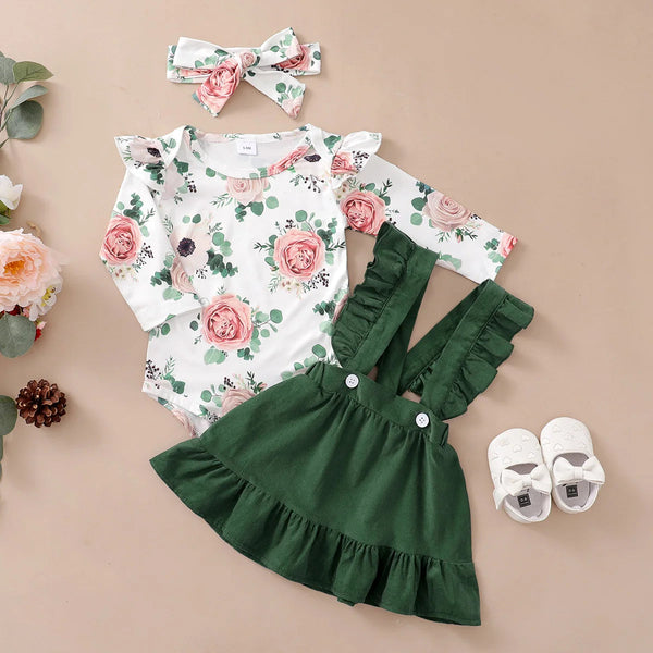 0-12 Months Newborn Baby Girl Clothes Set Flowers Print Long Sleeve Romper Top Suspender Skirt Spring&Autumn Lovely Outfit