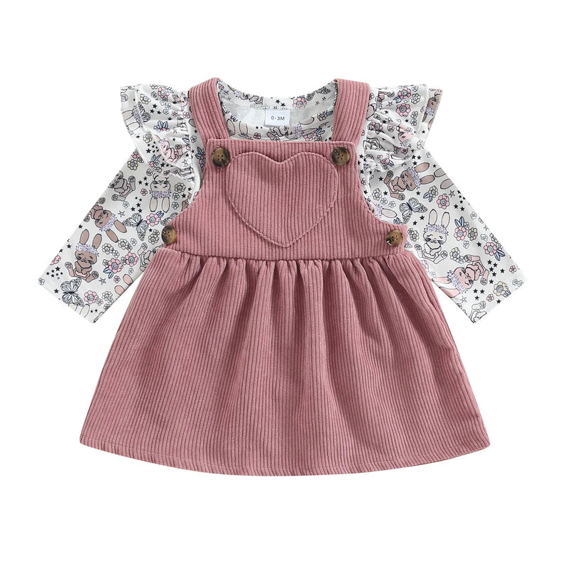 Infant Newborn Baby Girls Dress 2Pcs Set, Long Sleeve Rabbit Flower Print Romper + Heart Patchwork Suspender Dress