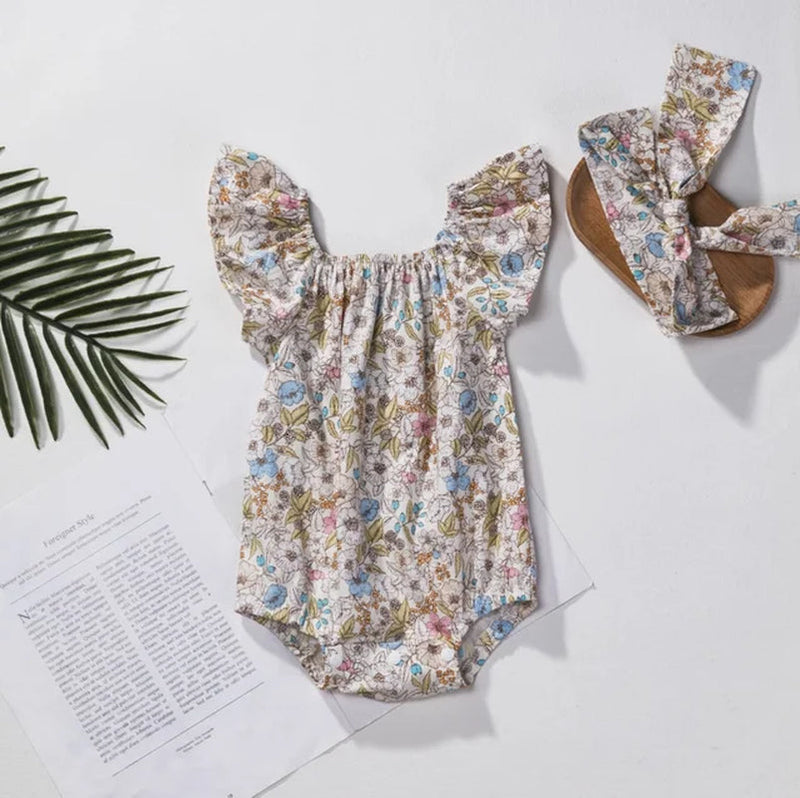 Newborn Baby Girls Sleeve Floral Romper 0-12M Short Sleeve Romper + Headband 2Pcs for Girls