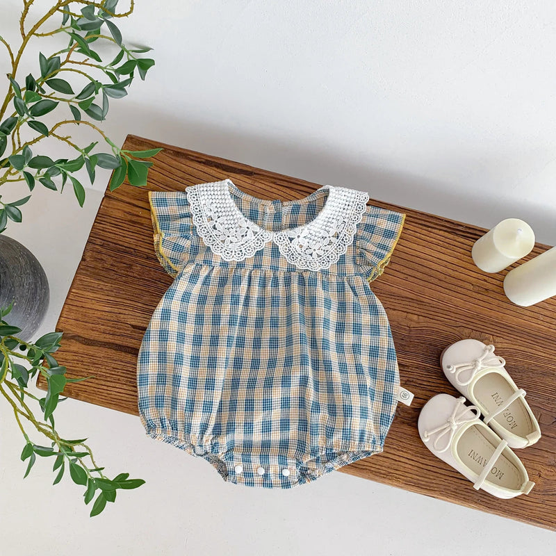 Summer Baby Girls Jumpsuit Lacy Blue Plaid Short Sleeve Infant Bodysuit Baby Clothes 0-24 Months Casual and Versatile Style