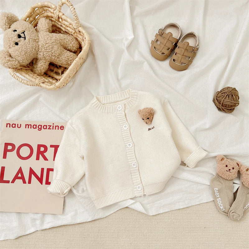 Newborn Baby Girls/Boys Spring and Autumn Knitted Coat Cute Korean O-Neck Travel Cartoon Bear Long Sleeved Fashion Soft Casual