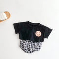 Girls Boys Cotton Smile Face Short Sleeve T-Shirt + Plaid Shorts Two-Pieces Suit Summer Baby Clothes Set