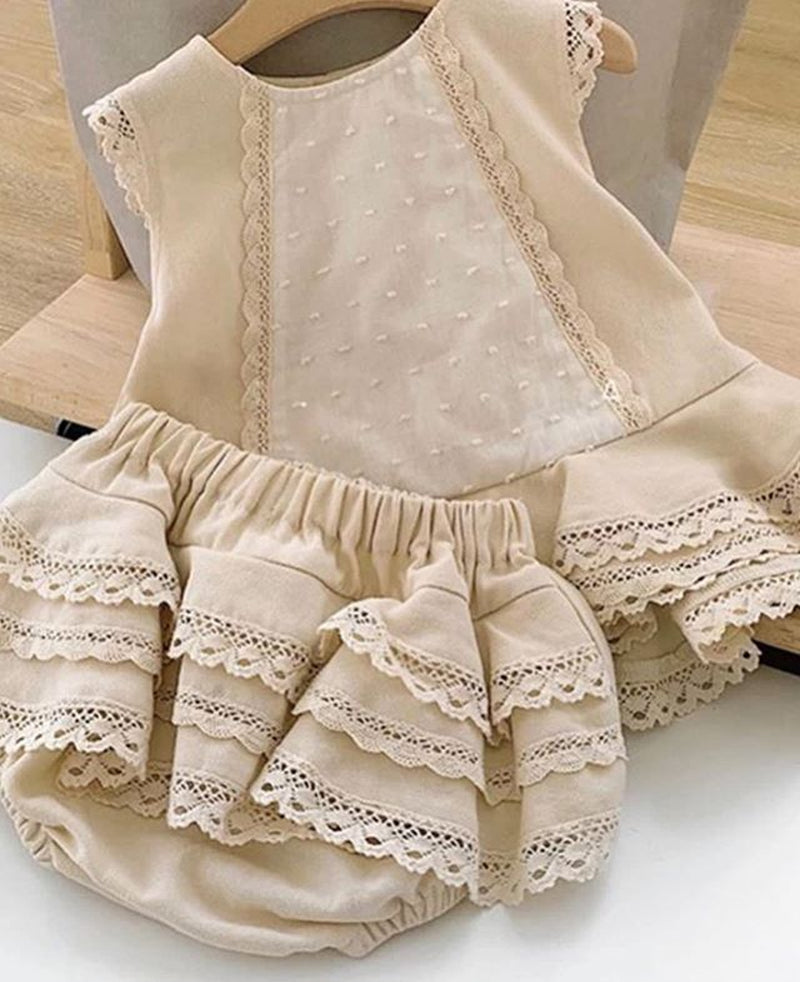 Summer New Baby Girls Outfit Clothes Cute Princess Sleeveless Lace Vest Tops+Layered Hem Tiered Skirts Panty Suit for Toddler