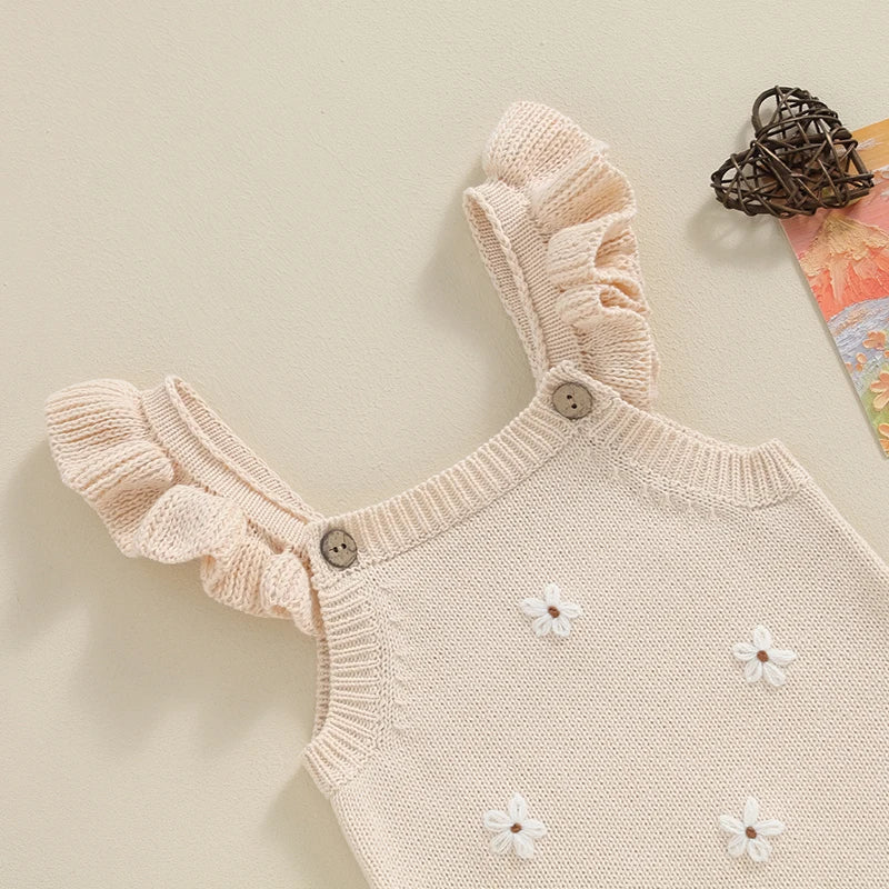 Infant Baby Girl Sleeveless Knit Romper Embroidery Floral Strappy Sweater Romper Bodysuit Pullover