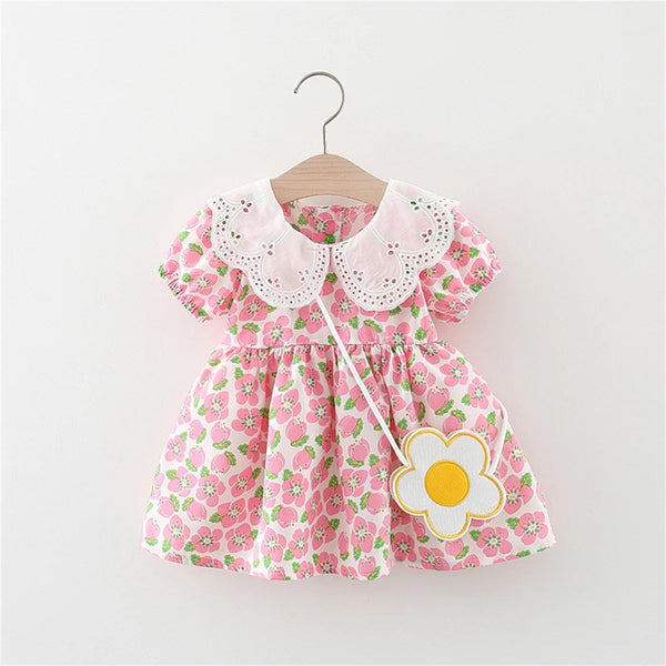 Summer Baby Dress 2 Pieces/Set Cute Bag and 0-3 Year Old Newborn Beach Dress for Toddlers Sweet Short Sleeved Clothes