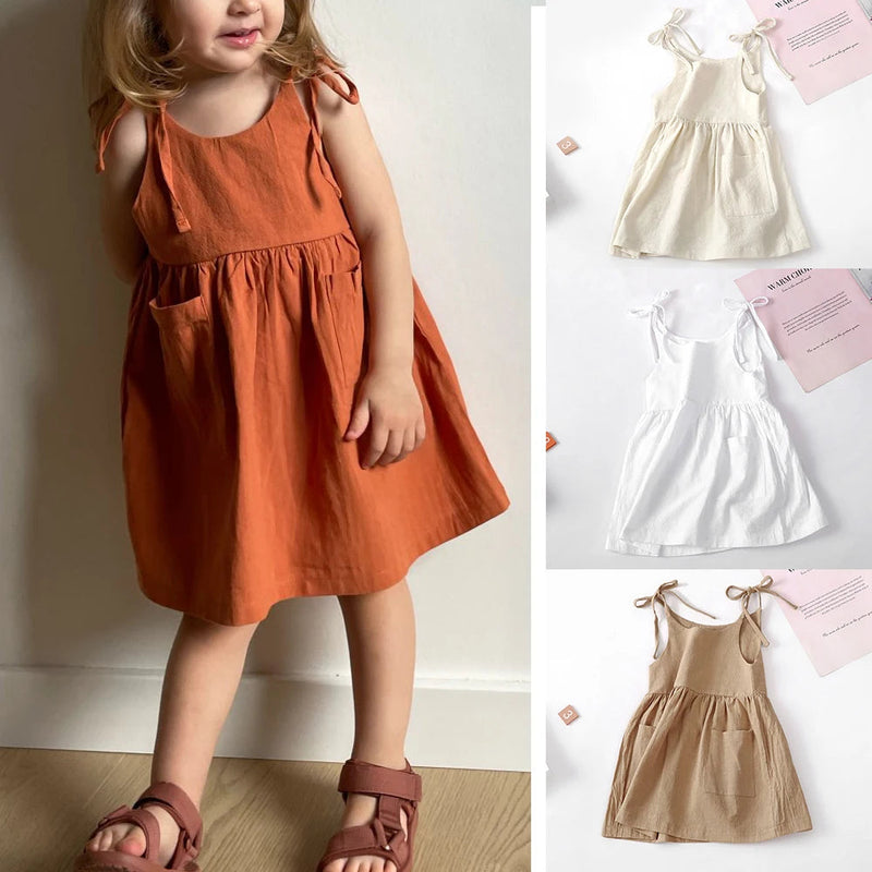 Children Girls Summer Casual Dress Solid Suspender with Pocket Cute Clothes for 2-6T Girls Princess Wedding Party Gift Costume